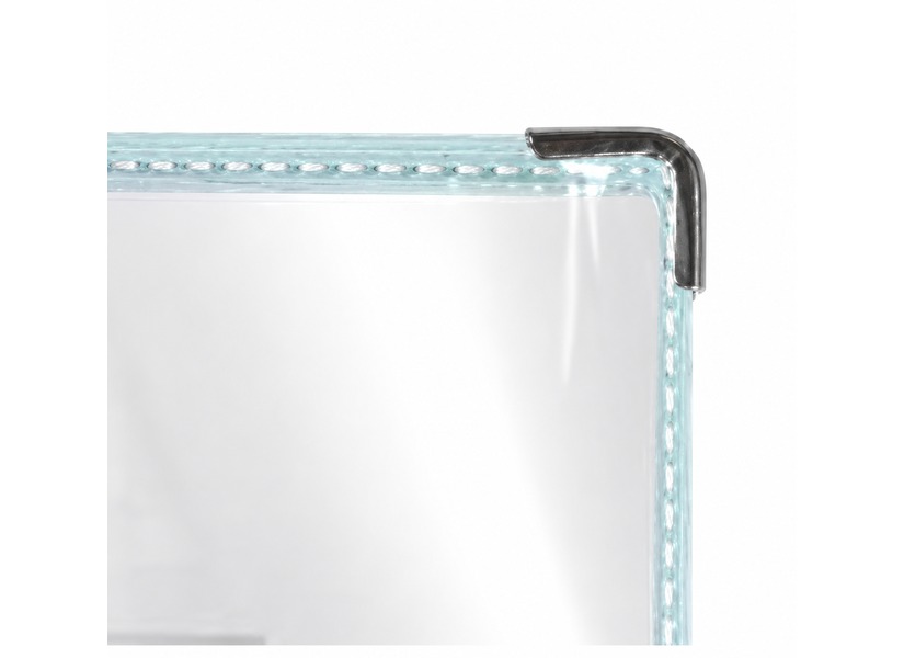 Close-up of a metal corner and stitched clear vinyl edges