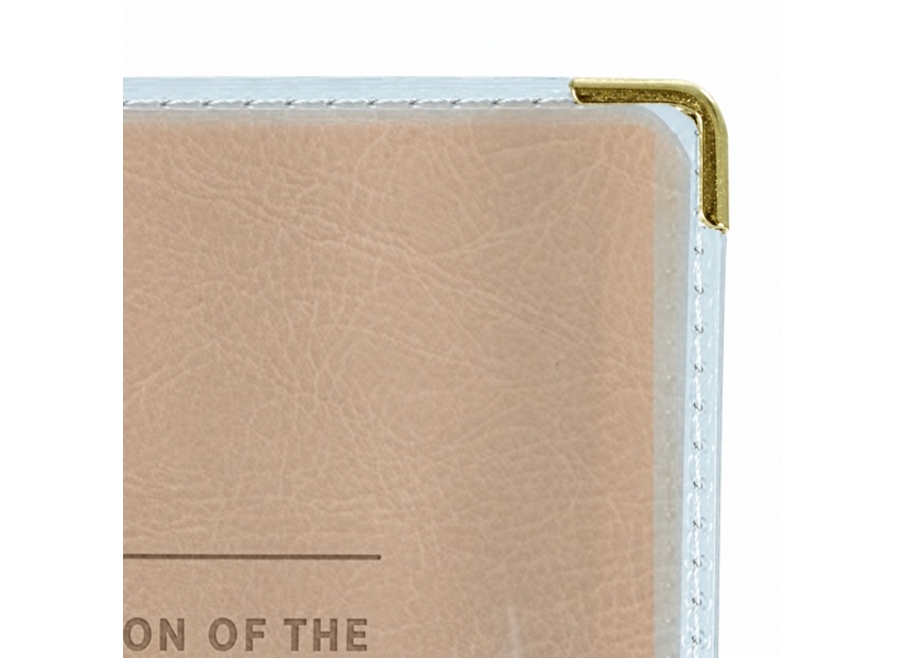 Gold-colored metal corner on the front of a beige study Bible in its stitched vinyl cover