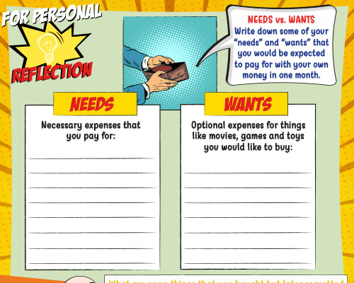 comparing wants verses needs in the convention workbook for kids and teens
