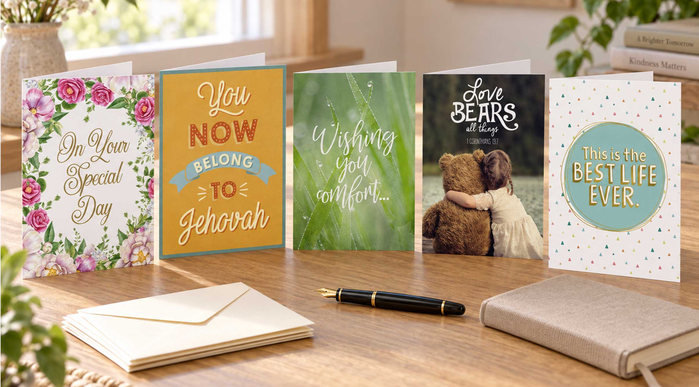 Agape Greetings scriptural card layout on a desk