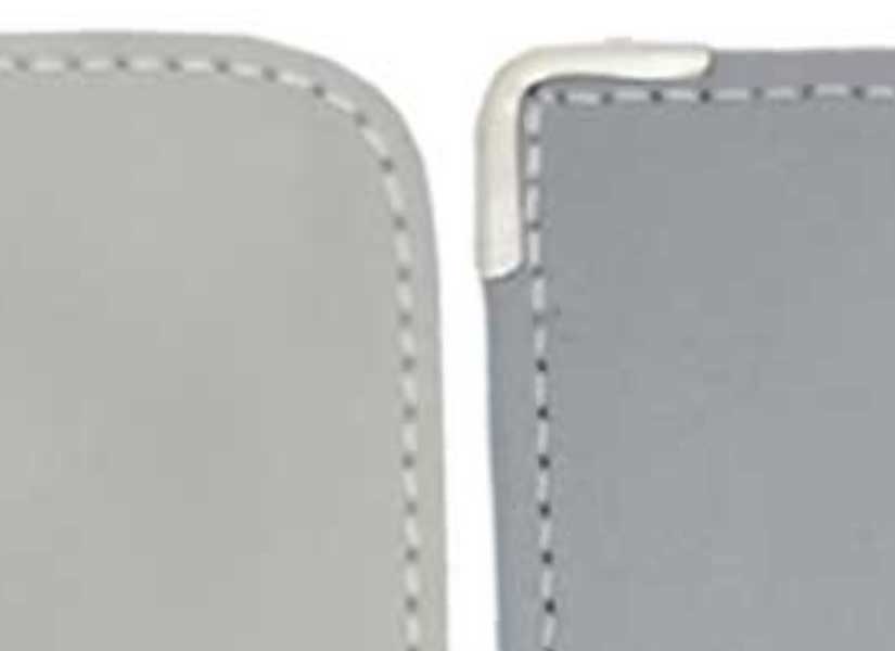 Stitching on the zippered version at left and the metal-corner slip-on version at right
