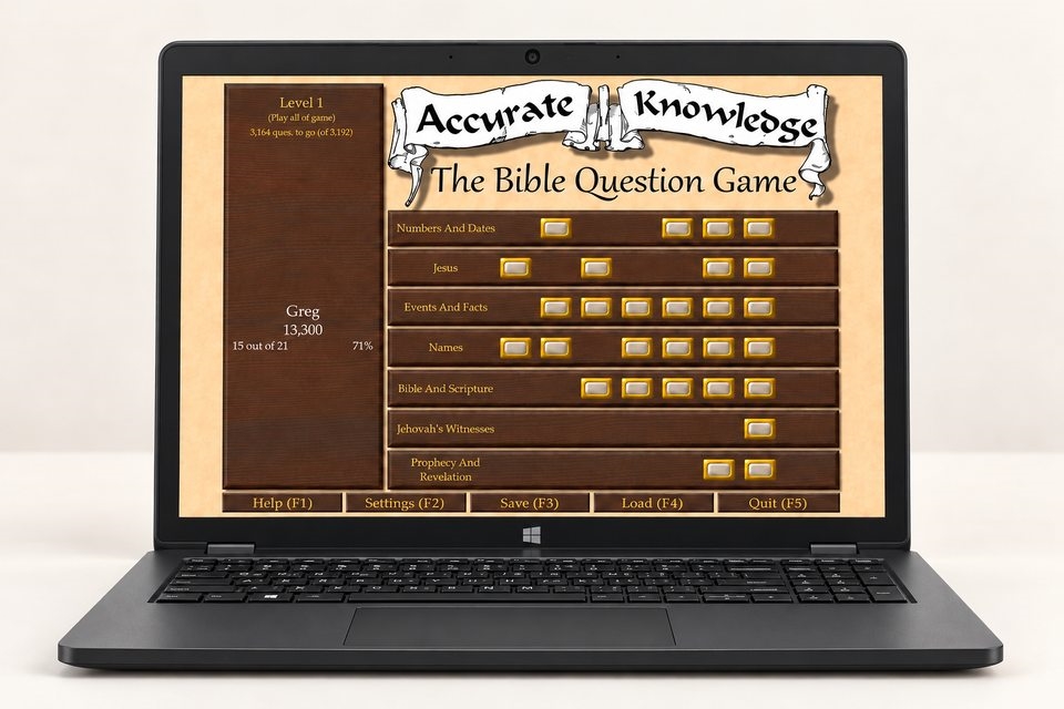 Accurate Knowledge Bible trivia game board displayed on a laptop