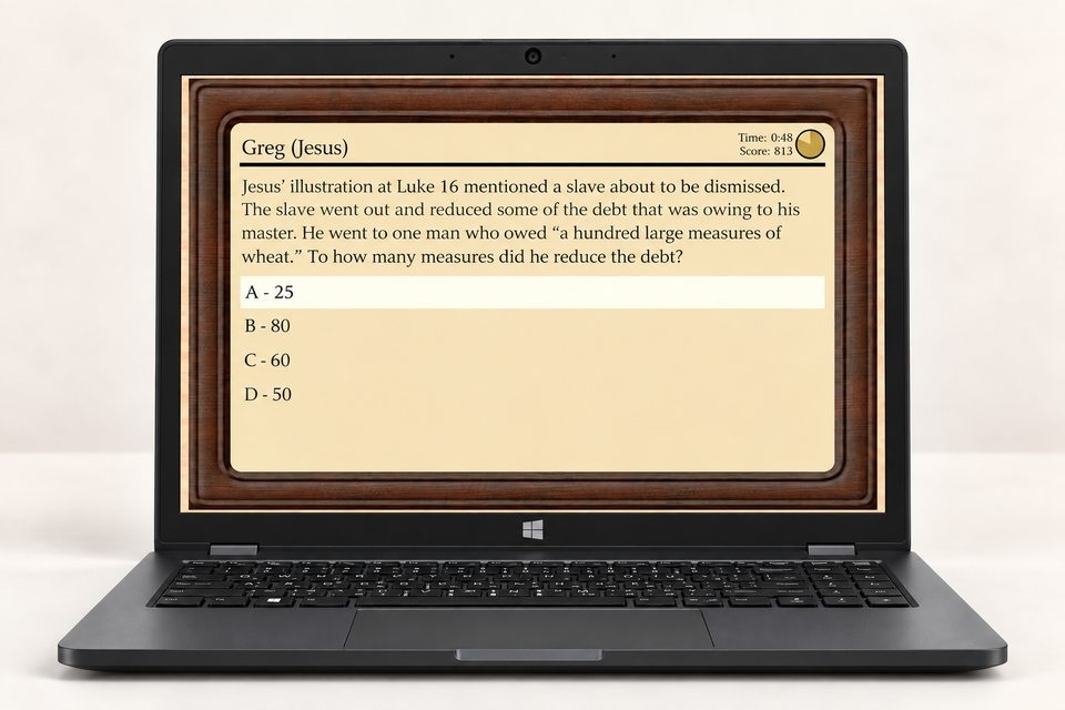 A multiple-choice Bible trivia question in Accurate Knowledge on a laptop