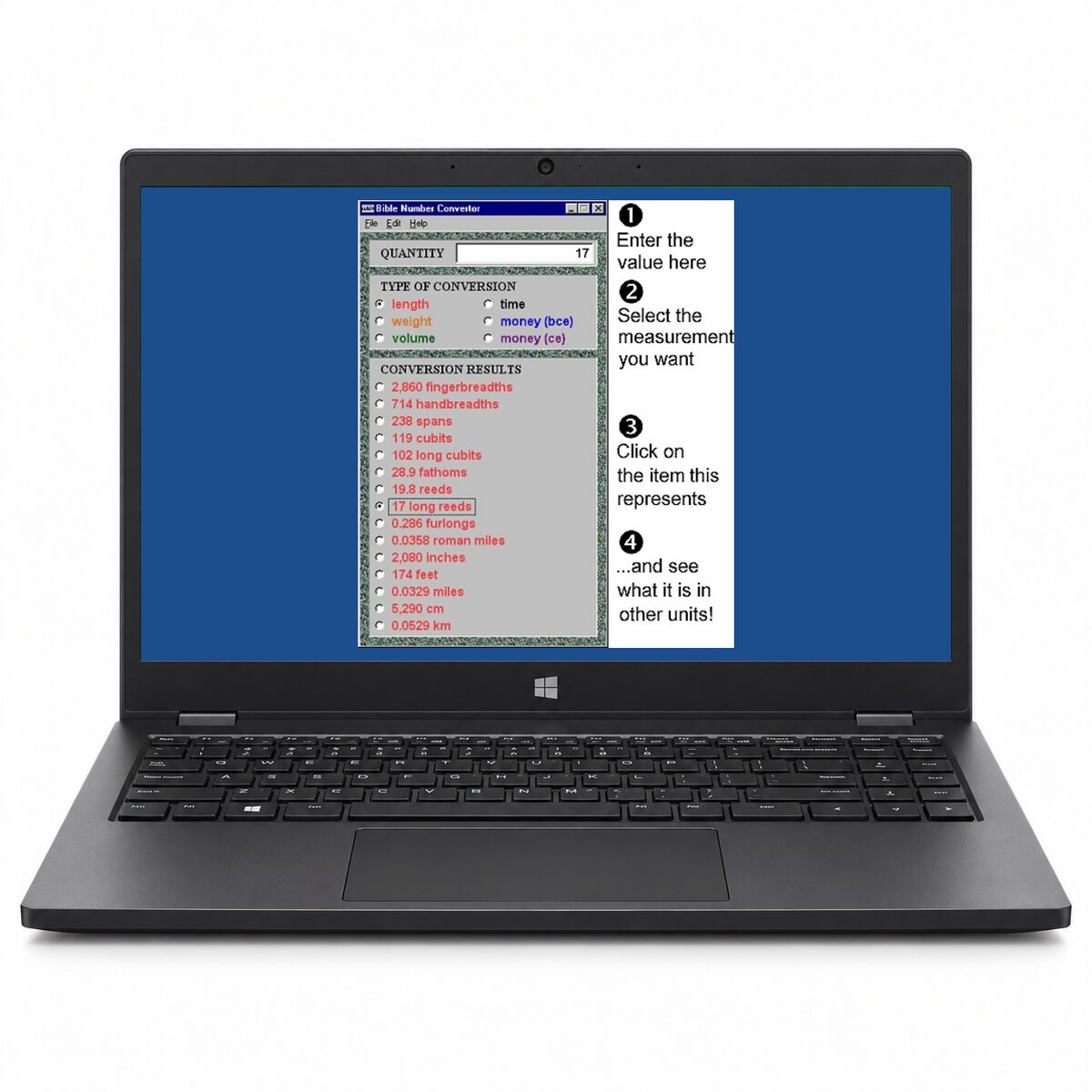 Bible Numbers Converter length conversion walkthrough on a Windows laptop