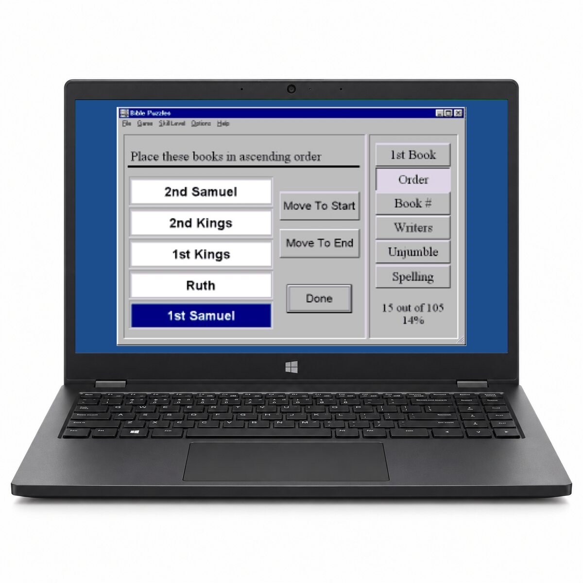 Bible Books Puzzler book-order activity on a Windows laptop