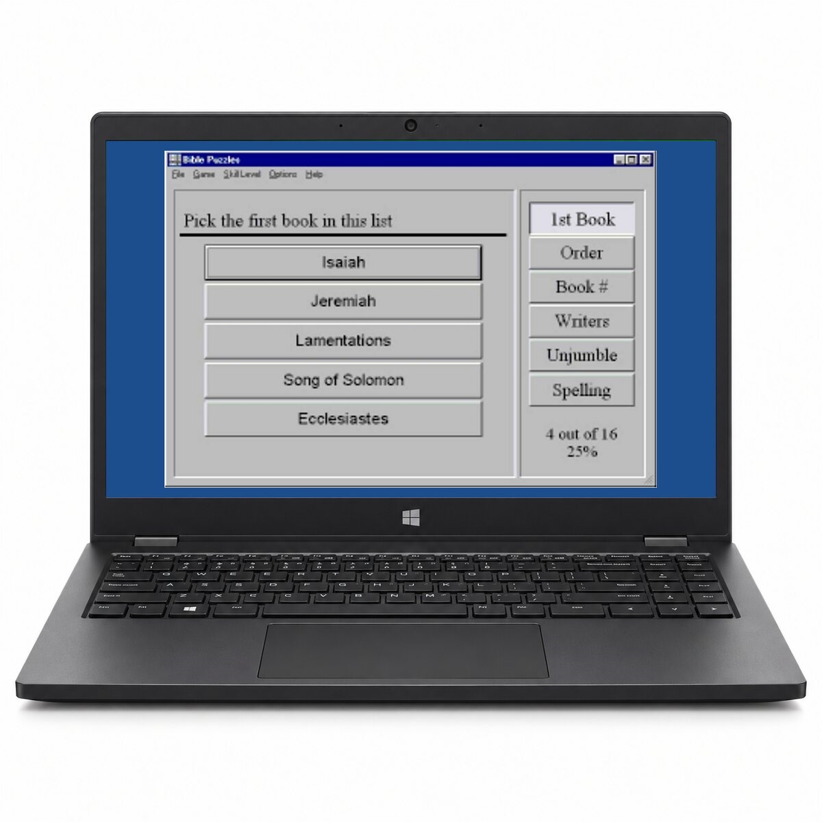 Bible Books Puzzler first-book activity on a Windows laptop