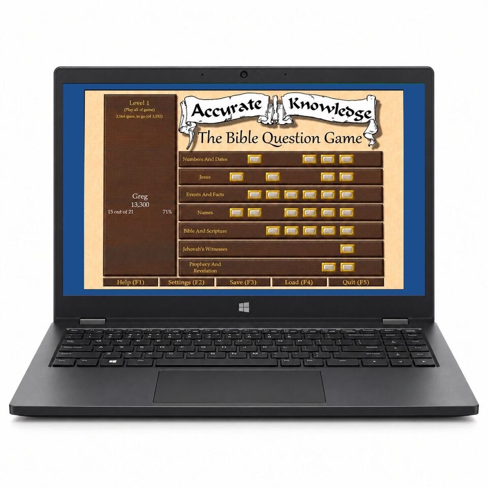 Accurate Knowledge Bible trivia game displayed on a Windows laptop