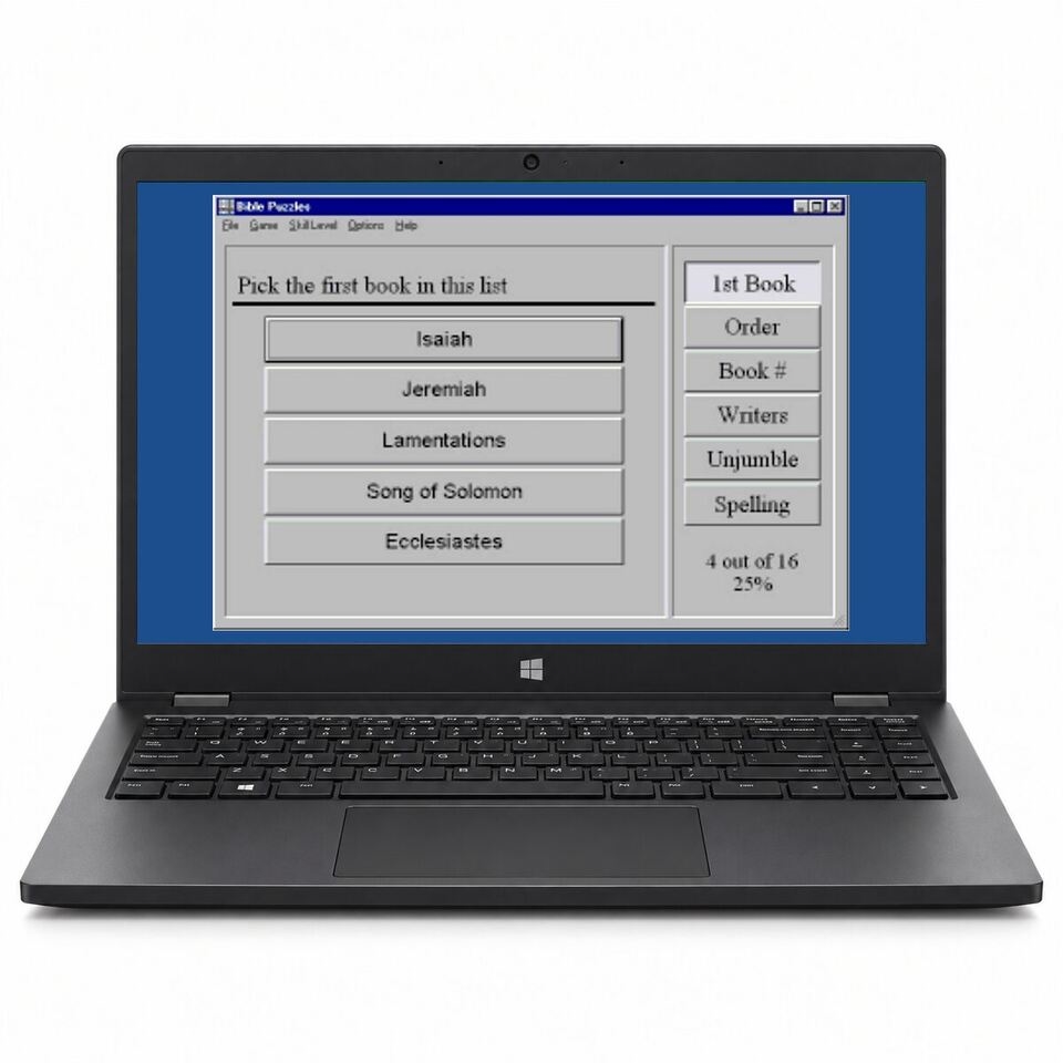 Bible Books Puzzler displayed on a Windows laptop